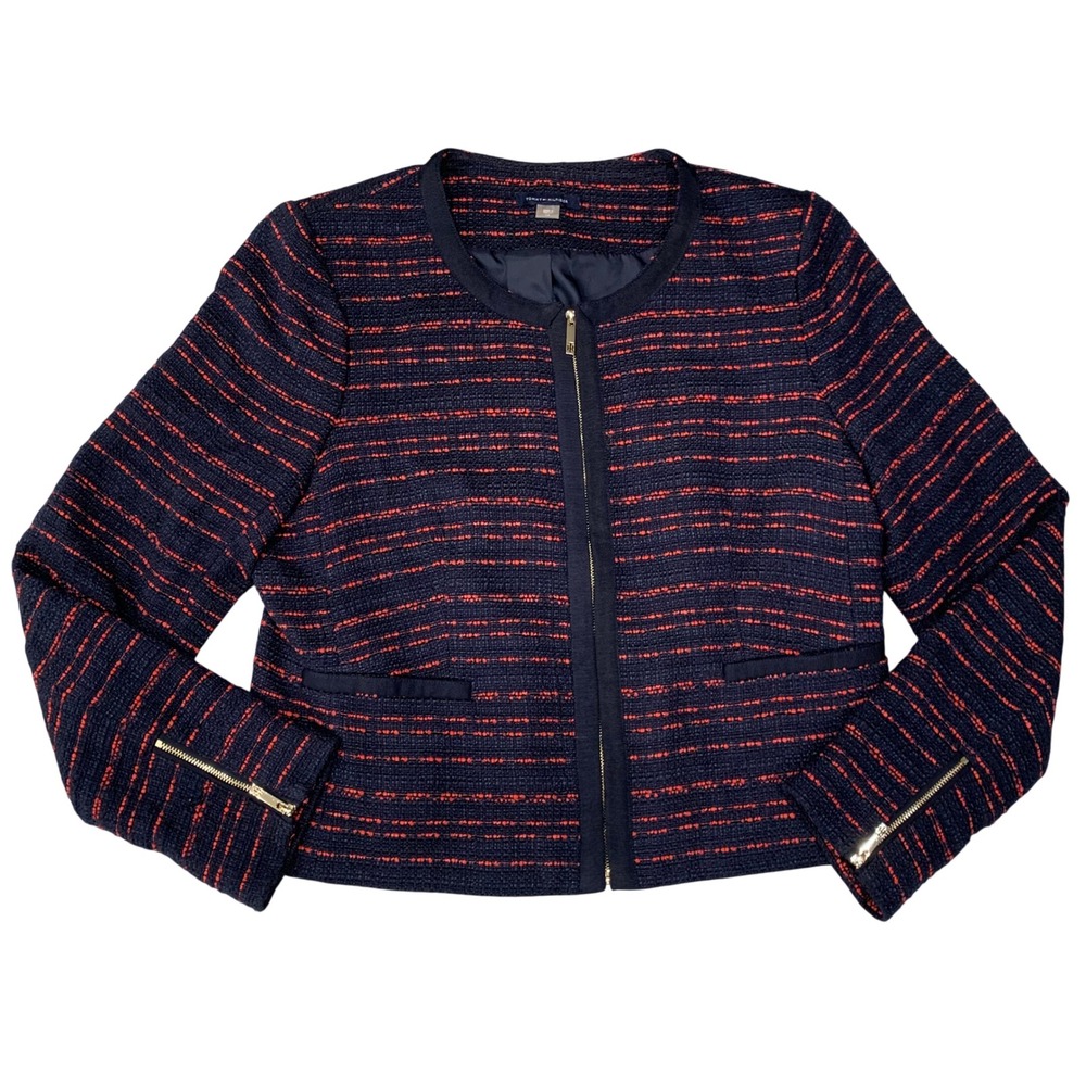 Tommy Hilfiger Tweed ‎ Blazer Jacket Womens Size 14 Navy Red Zip Career
